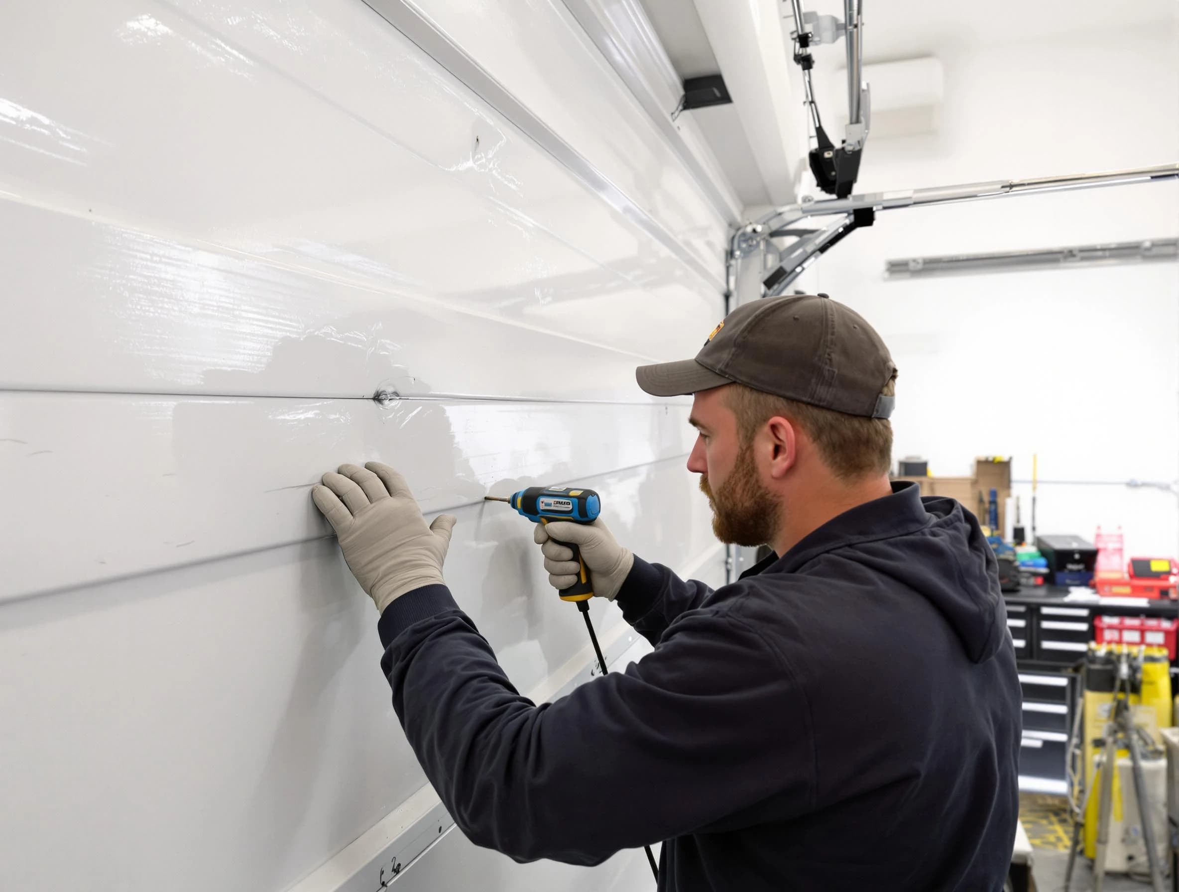 Commerce City Garage Door Repair technician demonstrating precision dent removal techniques on a Commerce City garage door